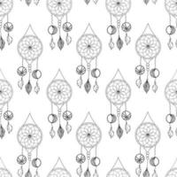 Seamless pattern with hand drawn dreamcatcher with spiderweb, threads, beads and feathers in boho style. Black on white background. vector