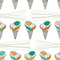 Seamless pattern with colorful dessert.Doodle hand drawn cute ice cream in a cone with orange, mint, cream color balls in a seamless pattern on a white background vector