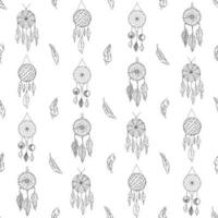 Seamless pattern with hand drawn various dreamcatchers with spiderweb, threads, beads and feathers in boho style. Black on white background. vector