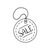 Hand drawn doodle price tag with string and the lettering SALE, special offer, shopping discount label, promotional sale badge. Isolated on white background vector