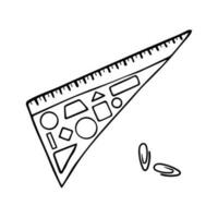 A hand drawn doodle triangular ruler with geometric shapes inside. Isolated on a white background vector