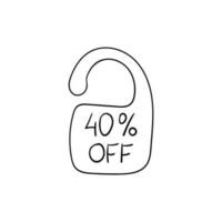 Hand drawn doodle hanger price tag showing 40 percent discount, special offer, shopping discount label, promotional sale badge. Isolated on white background vector