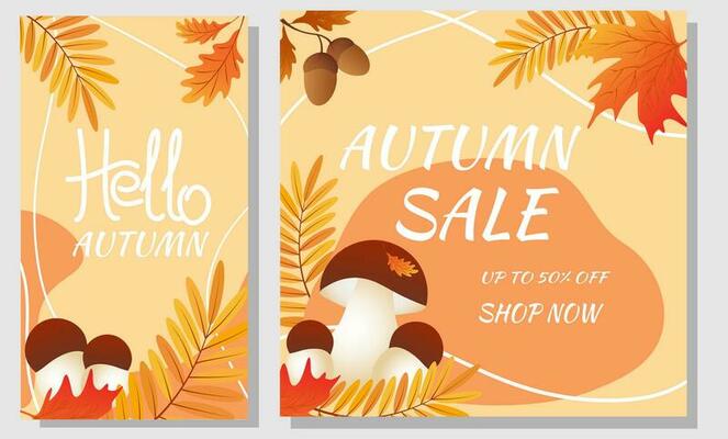 Set autumn sale banners. Autumn leaves, cep and abstract shape on orange background. Design for social network, advertising.
