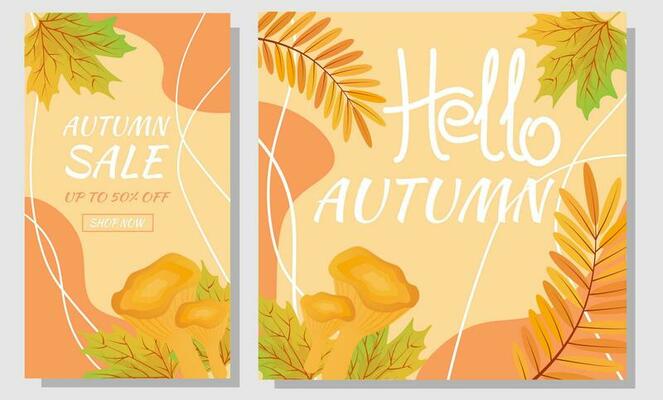 Set autumn sale banners. Autumn leaves, chanterelle and abstract shape on orange background. Design for social network, advertising.