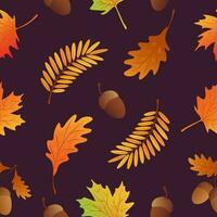 Autumn seamless pattern with maple leaves, acorns, oak leaves, rowan leaves. vector