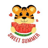 Sweet Summer. Greeting postcard. Little cute tiger is eating a slice of waterlemon. vector