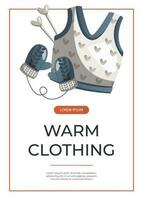 Promo flyer with knitted woolen mittens, sweater, needles. Skein of yarn.Tools, equipment for knitwork, handicraft. Handmade needlework, hobby. Knitting studio A4 poster, banner, cover, card vector