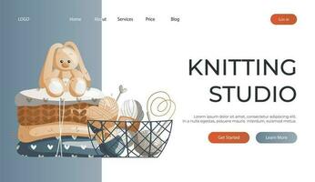 Landing page with knitted clothes, toy rabbit, basket with wool balls. Skein of yarn.Tools, equipment for knitwork, handicraft. Handmade needlework, hobby. Knitting studio poster, banner, cover, card. vector