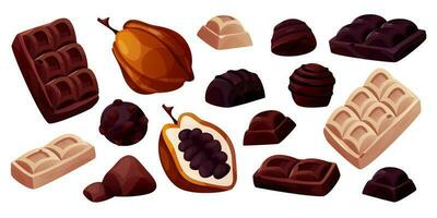 Set of dark, white chocolate bar pieces, cocoa bean, pile of ground cacao powder, pod. Chunks and blocks of brown chocolate. Milk sweet dessert, cooking ingredient for confectionery shop. vector