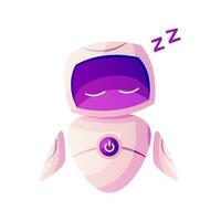 Futuristic little robot in sleeping pose. AI technology character, virtual bot. Artificial intelligence, smart machine concept. Modern cyber robot mascot. IT future robotics, chatbot. vector