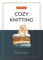 Promo flyer with knitted clothes, toy rabbit. Knitting classes. Skein of yarn.Tools, equipment for knitwork, handicraft. Handmade needlework, hobby. Knitting studio A4 poster, banner, cover vector