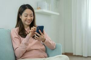 Happy woman, Portrait of smiling Asia girl using mobile phone, freelance, out site, research, copy space, happy cheerful cute business, positive energy, female executive, attractive, expression, photo