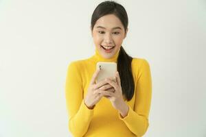Happy woman, Portrait of smiling Asia girl using mobile phone, freelance, out site, research, copy space, happy cheerful cute business, positive energy, female executive, attractive, expression, photo