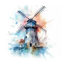 Painted watercolour image of a windmill photo