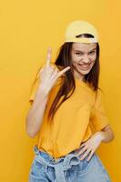 beautiful woman Youth style casual wear yellow background photo