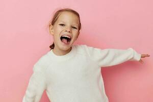 Portrait of happy smiling child girl gesture hands emotions grimace isolated background photo