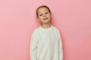 pretty young girl gesture hands emotions grimace isolated background photo