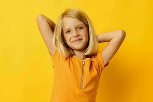 beautiful little girl blonde straight hair posing smile fun childhood lifestyle unaltered photo
