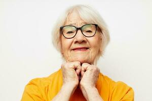elderly woman vision problems with glasses light background photo