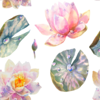 vattenfärg sömlös mönster med romantisk blommor av vatten lilja. söt illustration för tapet, textil- eller omslag papper. png