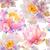 Watercolor Seamless Pattern with Romantic flowers of water lily. Cute illustration for wallpaper, textile or wrapping paper. png