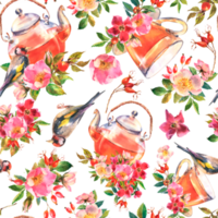 nahtlos Muster mit Teekanne und Tasse von Kräuter- Tee, Rose Blumen von wild Hund Rose und Stieglitz Vogel png
