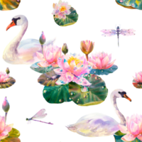 Watercolor seamless pattern with graceful swans, beautiful water lilies and dragonflies. Use for scrapbooking, Invitations, books and journals, for weddings, birthdays. png