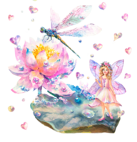 Watercolor illustration of a water lily flower, dragonfly and a fairy standing on a leaf with a magic wand in her hands. Can be used as a Valentine's Day card. png