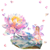 Watercolor illustration of a water lily flower and a fairy standing on a leaf with a magic wand in her hands. There is a place for text framed by hearts. png