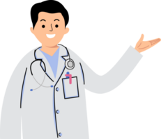 masculino médico uniforme desenho animado personagem apontando às esvaziar espaço para médico cuidados de saúde apresentação png