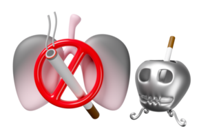 3d cigarette with prohibition sign, smoking, skull ashtray, black lungs isolated. world no smoking day, quitting smoking, healthy lifestyle concept, 3d render illustration png