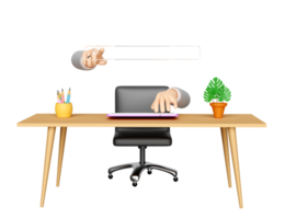 3d Suche Bar mit Geschäftsmann Hand zeigen Finger, Vergrößerung Glas, Büro Zimmer isoliert. Netz Suche Motor, Netz Surfen Konzept, 3d machen Illustration png