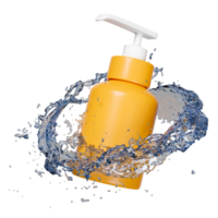 sunscreen bottle with water splash isolated. cosmetics protect skin from sunlight, 3d render illustration png