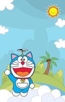 Robotic Cat Fly With Propeller With Island Background vector