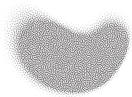 Abstract halftone shape with fluid gradient dots. Liquid stipple grunge stain with gradation. Grainy random shading element. png