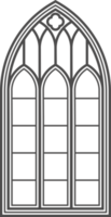 Gothic church window. Architecture arch with glass. Old castle and cathedral frame. Medieval stained interior design. Vintage illustration png