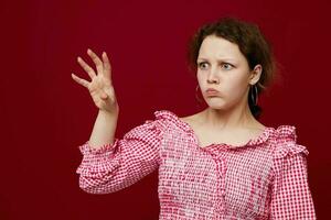 woman pink blouse posing isolated background close-up photo