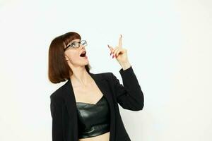 photo pretty woman in a black jacket red nail polish glasses Lifestyle unaltered