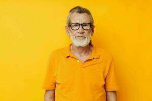 retrato de contento mayor hombre con un gris barba en lentes recortado ver foto