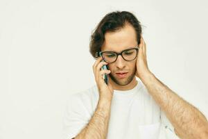 man telephone communication hand gesture isolated background photo