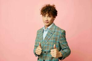 cute red-haired guy checkered blazer elegant style posing fashion isolated background unaltered photo