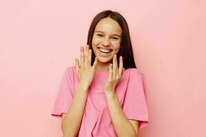 optimistic young woman in stylish clothes posing emotions cropped view photo