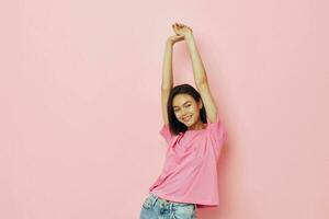 photo pretty girl summer style pink t shirt studio isolated background