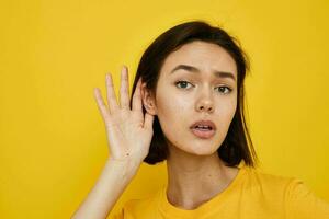 young woman in a yellow t-shirt Youth style casual Lifestyle unaltered photo