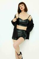 portrait of a woman in leather skirts posing glamor sexy Lifestyle unaltered photo