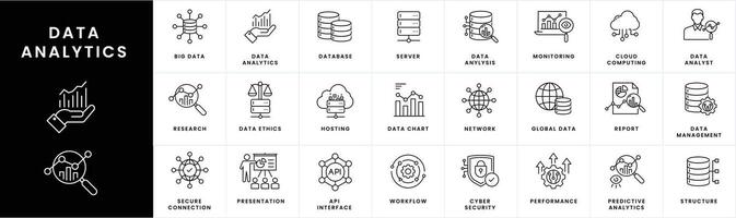 Data Analytics Icons. Analytics symbols, Data visualization icons, Big data icons, Business intelligence symbols, Statistical analysis icons, Data dashboard symbols, Predictive analytics icons. vector