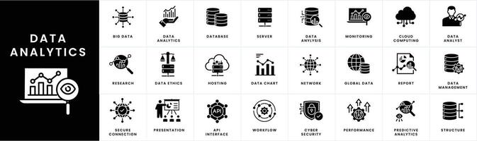 Data Analytics Icons. Analytics symbols, Data visualization icons, Big data icons, Business intelligence symbols, Statistical analysis icons, Data dashboard symbols, Predictive analytics icons. vector