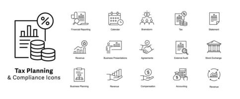 Tax Planning and Compliance Icons. Tax management icons, Tax strategy icons, Tax optimization icons, Tax compliance symbols, Tax planning vector icons, Tax regulations icons. Editable Stroke.