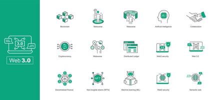 Web 3 0 Icon Set. A Visual Guide to the Future of the Internet - Next-generation web icons - Futuristic web icons. Editable Stroke Vector Line Icons.