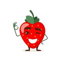 Strawberry character. Cute red funny berry. Juicy sweet cartoon strawberries. Vector illustration.